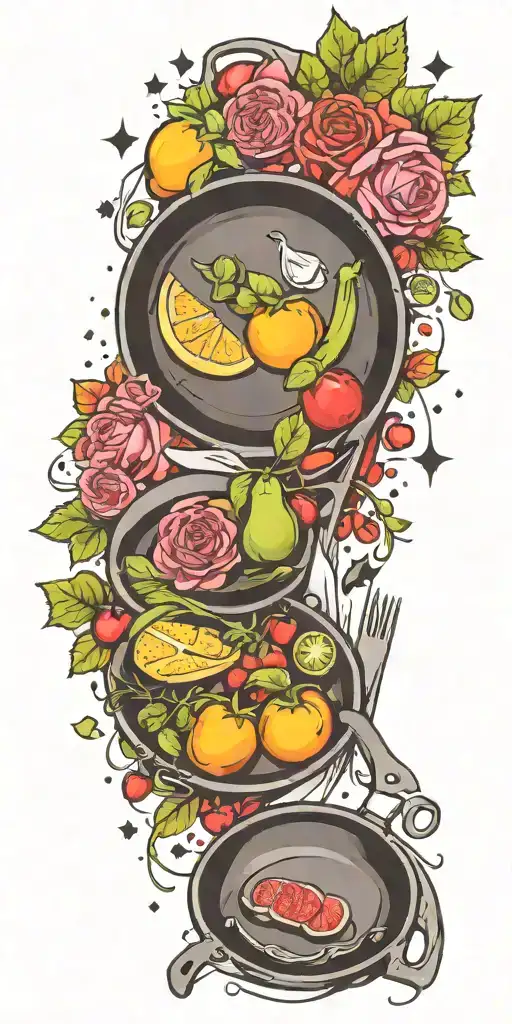 cooking utensils frying pan fruits vegetables steak roses stars tattoo design idea