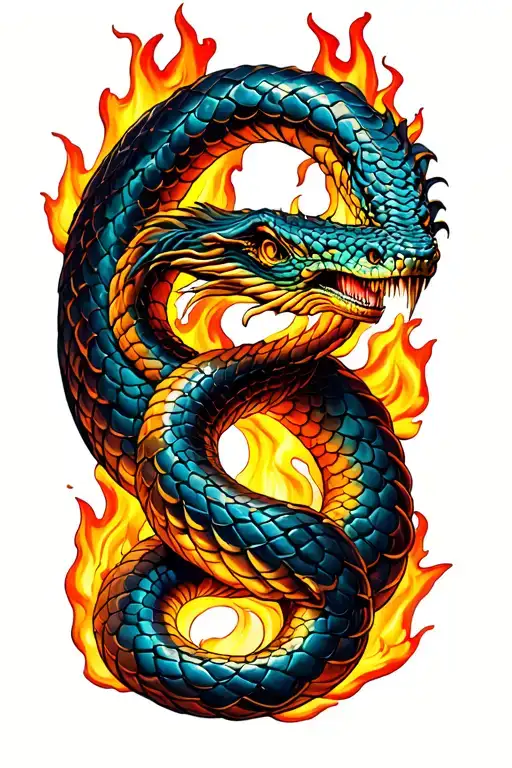 Scaled Serpent surrounded by fire tattoo design idea