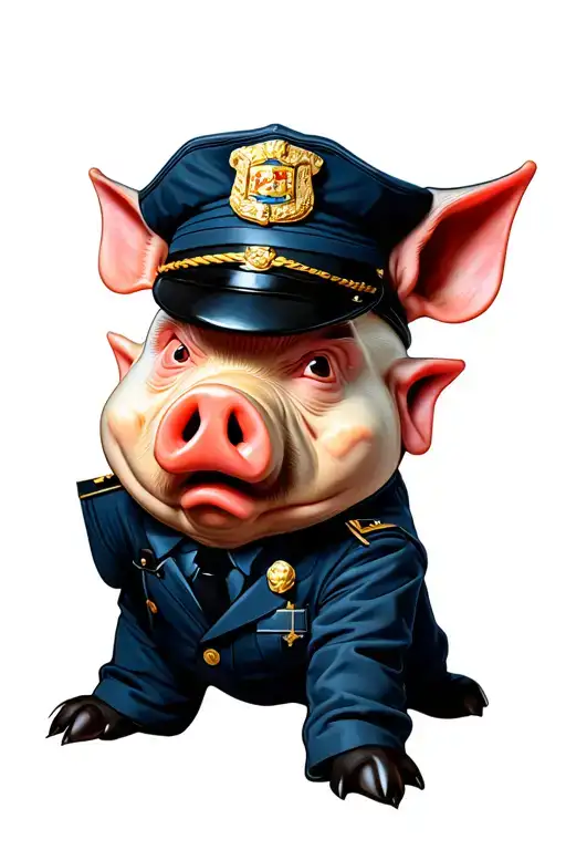 Draw an ugly pig dressed as a cop. He looking scared . In a photo realism style tattoo design idea