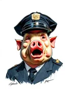 Draw an ugly pig dressed as a cop. He looking scared . In a photo realism style tattoo design idea
