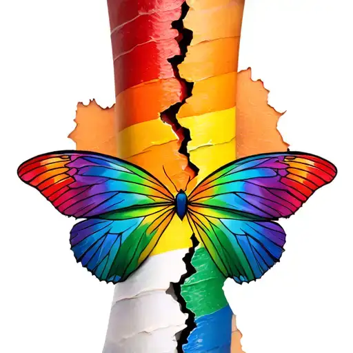 a vertical line of ripped skin with a rainbow flag showing underneath and a butterfly wing either side of the rip displa tattoo design idea