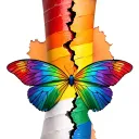 a vertical line of ripped skin with a rainbow flag showing underneath and a butterfly wing either side of the rip displa tattoo design idea