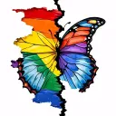 a vertical line of ripped skin with a rainbow flag showing underneath and a butterfly wing either side of the rip displa tattoo design idea