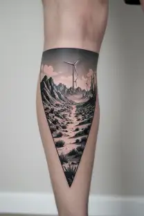 3 sperate triangles put images of desert mountains with many windmills on the mountains and cactus tattoo design idea