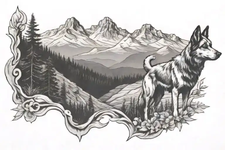 blue ridge mountain range with two dogs on trail in distance tattoo design idea
