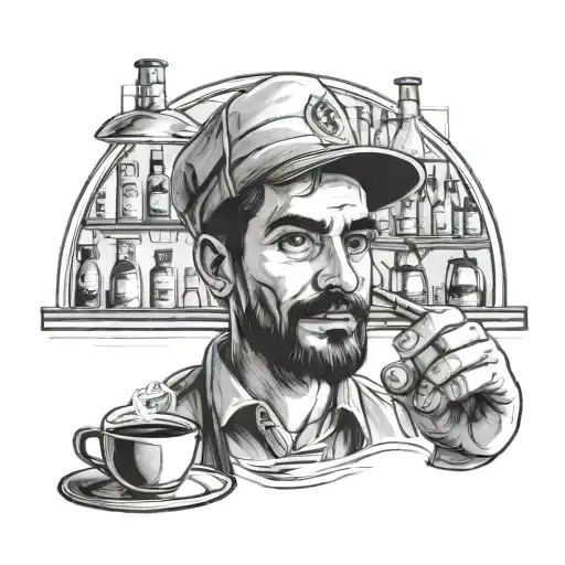 Design a graphite-inspired portrait of a barista serving coffee in a traditional Tehran cafe setting tattoo design idea