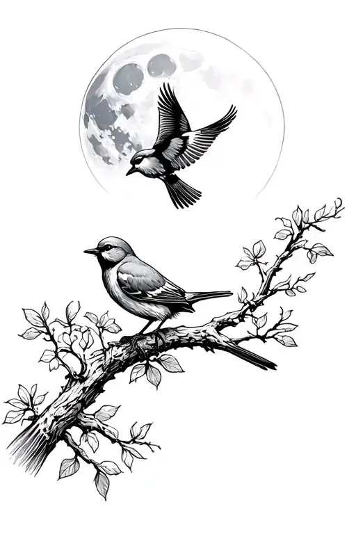 2 birds. 1 bird is sitting on a branch and the other bird is flying. The moon is shining. tattoo design idea