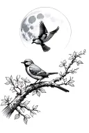2 birds. 1 bird is sitting on a branch and the other bird is flying. The moon is shining. tattoo design idea