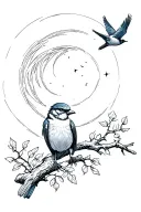 2 birds. 1 bird is sitting on a branch and the other bird is flying. The moon is shining. tattoo design idea