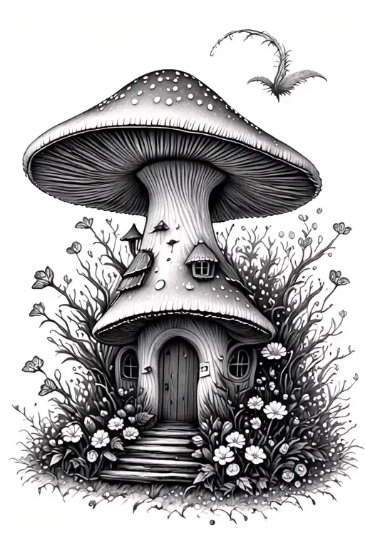 fairy mushroom house tattoo design idea