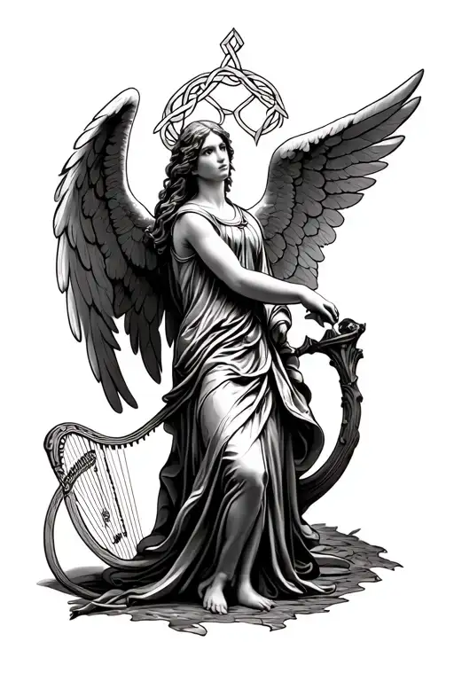 guardian angel with celtic knot design incorporating with a harp tattoo design idea