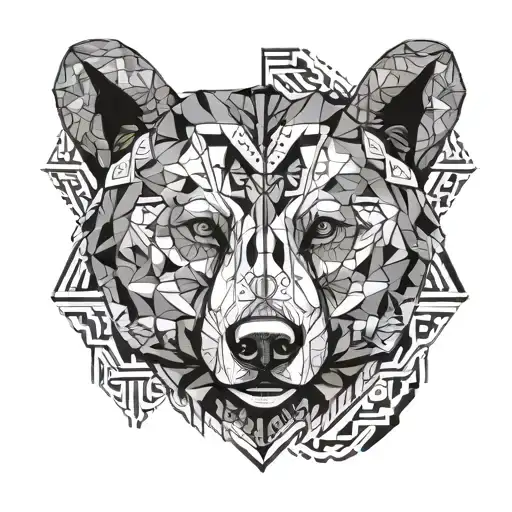 geometric Bear head, surrounded by African tribal patterns tattoo design idea