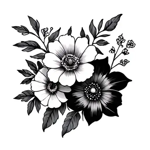 Neo trad design. Flasheet consisting of at least 4 different style flowers. Black and grey, florals with stems and leafs tattoo design idea
