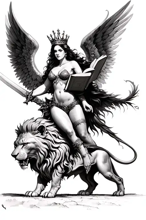 sexy goth queen tattered wings detailed crown, w/sword riding atop lion with crown holding book in hands fighting demons tattoo design idea
