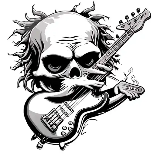 shrunken head playing bass guitar tattoo design idea