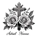 roses and cross surrounded and cursive name written adriel is big and little roses and cross tattoo design idea