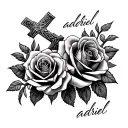 roses and cross surrounded and cursive name written adriel is big and little roses and cross tattoo design idea