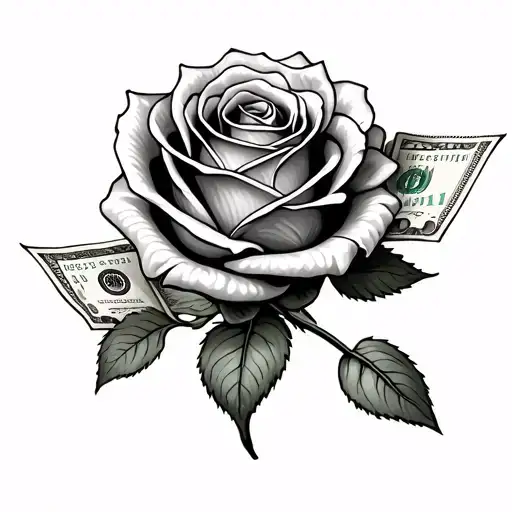 rose with stem and pedals with 100 dollar bills tattoo design idea