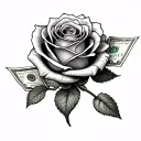 rose with stem and pedals with 100 dollar bills tattoo design idea