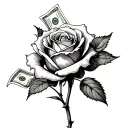 rose with stem and pedals with 100 dollar bills tattoo design idea