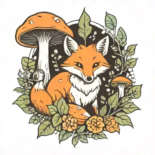 ginger fox surrounded by leaves and mushrooms tattoo design idea