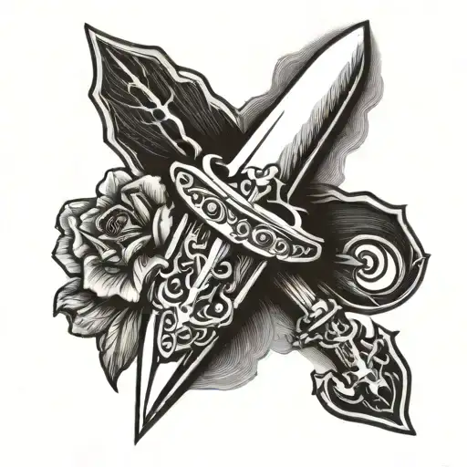 I want an old school black and white tattoo of a dagger stuck in a coffin and the word Invictus tattoo design idea