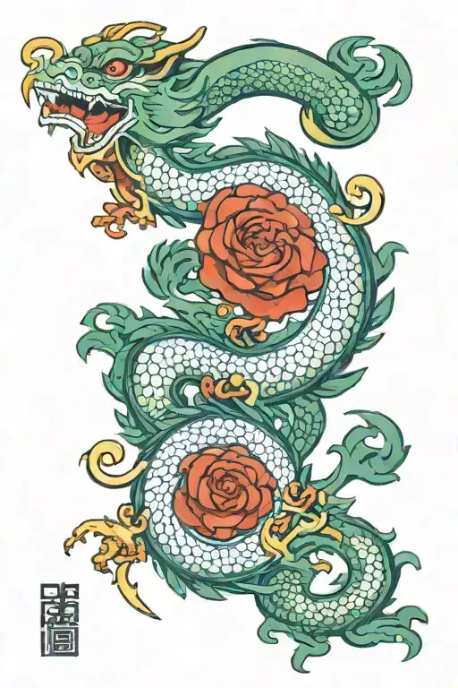 jade dragon wrapped around Sanskrit word for breathe tattoo design idea