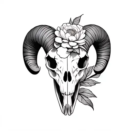 ram skull half peonie flowers tattoo design idea