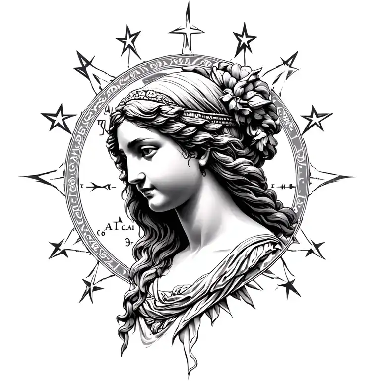 antic greece women virgo zodiac sign stars in background statue tattoo design idea