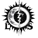 A moon and a sun divided by a crackling lightning bolt, with the letters L L L S S integrated into the scene tattoo design idea