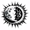 A moon and a sun divided by a crackling lightning bolt, with the letters L L L S S integrated into the scene tattoo design idea