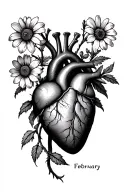 anatomically correct heart growing birth month flowers for February, June and November out of pulmonary trunk and aorta tattoo design idea