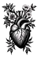 anatomically correct heart growing birth month flowers for February, June and November out of pulmonary trunk and aorta tattoo design idea