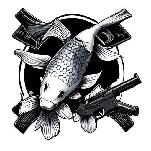 koi fish with guns akimbo tattoo design idea
