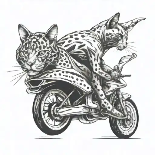 Design a tattoo featuring a sleek cat riding a fast car, symbolizing speed and agility tattoo design idea