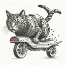 Design a tattoo featuring a sleek cat riding a fast car, symbolizing speed and agility tattoo design idea