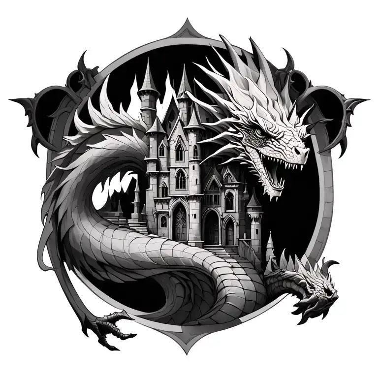 Gothic Castle with Rosales and a realistic dragon tattoo design idea