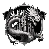 Gothic Castle with Rosales and a realistic dragon tattoo design idea