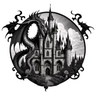 Gothic Castle with Rosales and a realistic dragon tattoo design idea