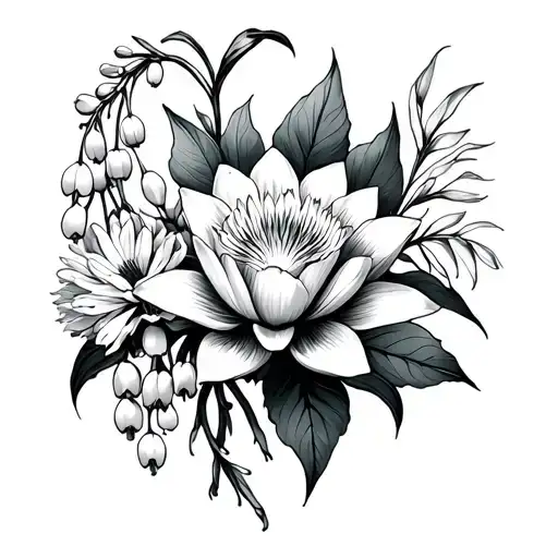 narcissus, water lilly, aster, cosmo, rose and lily of the valley tattoo design idea