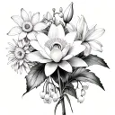narcissus, water lilly, aster, cosmo, rose and lily of the valley tattoo design idea