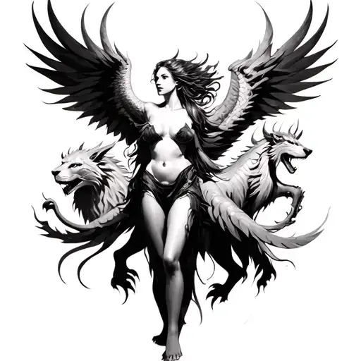 pronounced phoenix, shadows of lion, dragon and wolf rising from woman form tattoo design idea