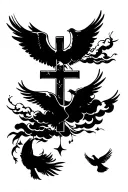 half sleeve cross with clouds and doves  tattoo design idea