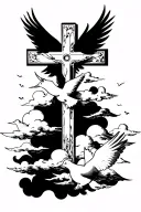 half sleeve cross with clouds and doves  tattoo design idea