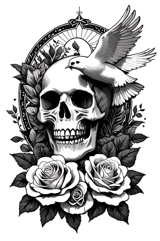 skull with roses and white dove holy spirit above tattoo design idea