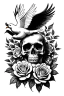 skull with roses and white dove holy spirit above tattoo design idea