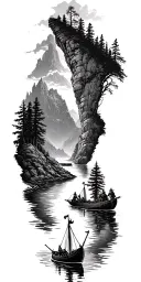 A River running through cliffs and forests with Vikings and boats along the whole tatto. tattoo design idea