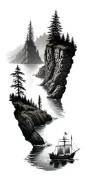A River running through cliffs and forests with Vikings and boats along the whole tatto. tattoo design idea