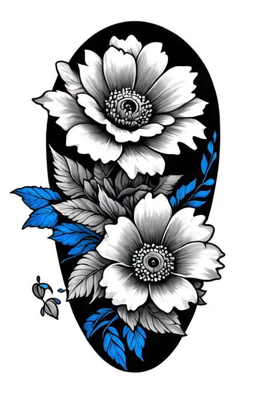 Flower Sleeve Black And Grey With Some Blue Line Work Here And There And hawk Tattoo tattoo design idea
