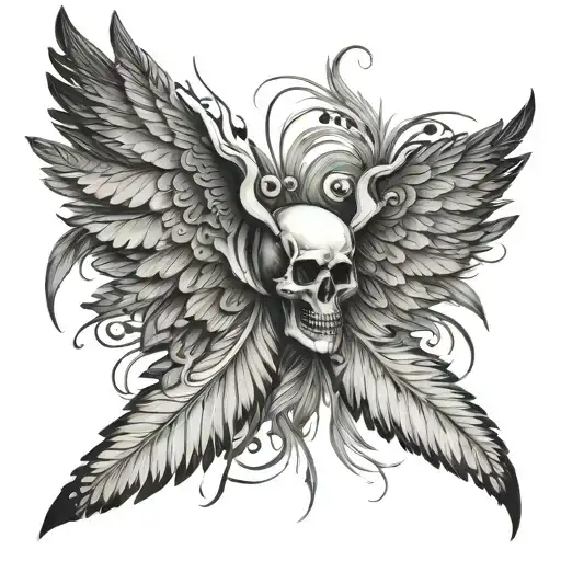 skeleton wings with feathers falling tattoo design idea